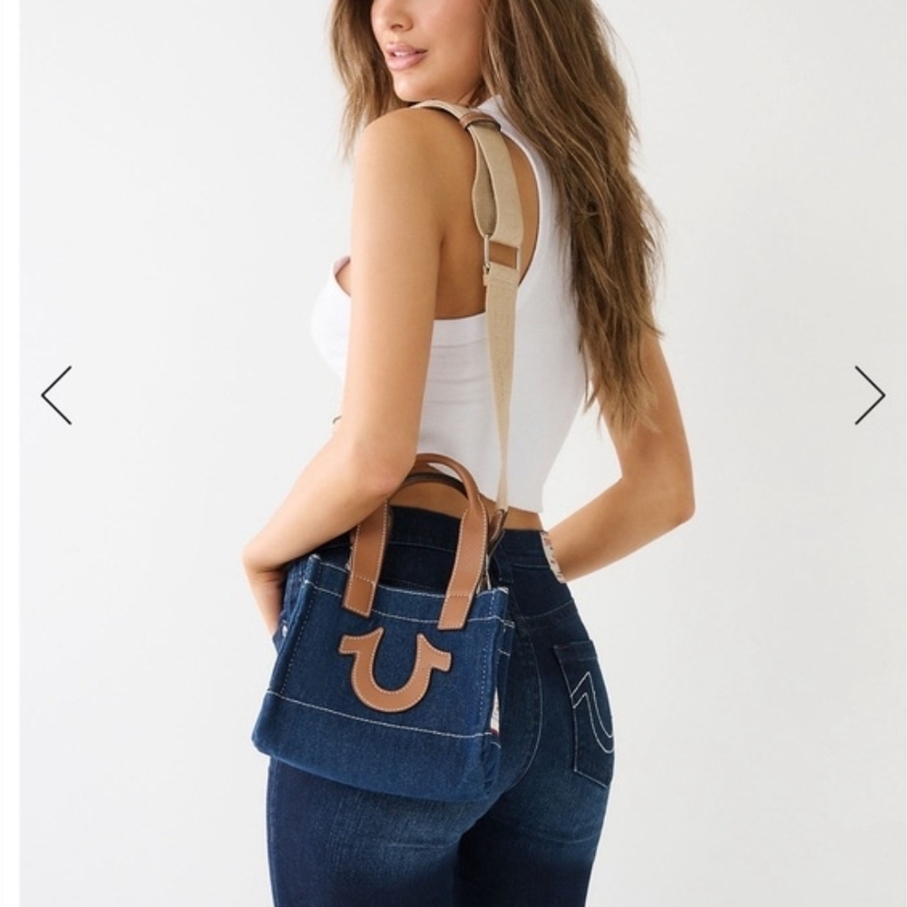 NEW True Religion TR Mini Denim Tote Bag Purse Crossbody Dark Denim TNFB0057E